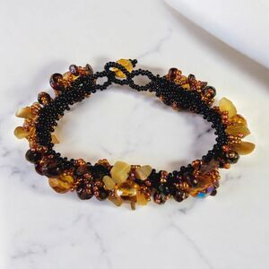 Vintage 90s 6.5" Gemstone Cluster Seed Bead Amber Bracelet Artisan Jewelry